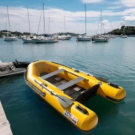 9.5FT Inflatable Boat, 2-Person Portable raft, Double Row Aluminum seat Board, Double-Layer Aluminum Floor, Inflatable Sports Fishing Small Boat, with Panel Paddle air Pump (Yellow, 9.5FT)