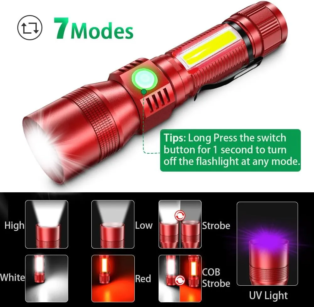 Black Light Flashlight, 3 in-1 Rechargeable Flashlights, UV Light Magnetic LED Flashlight High Lumens, 7 Mode Camping Waterproof Flashlight for Pet Urine Detection (1pack Red)