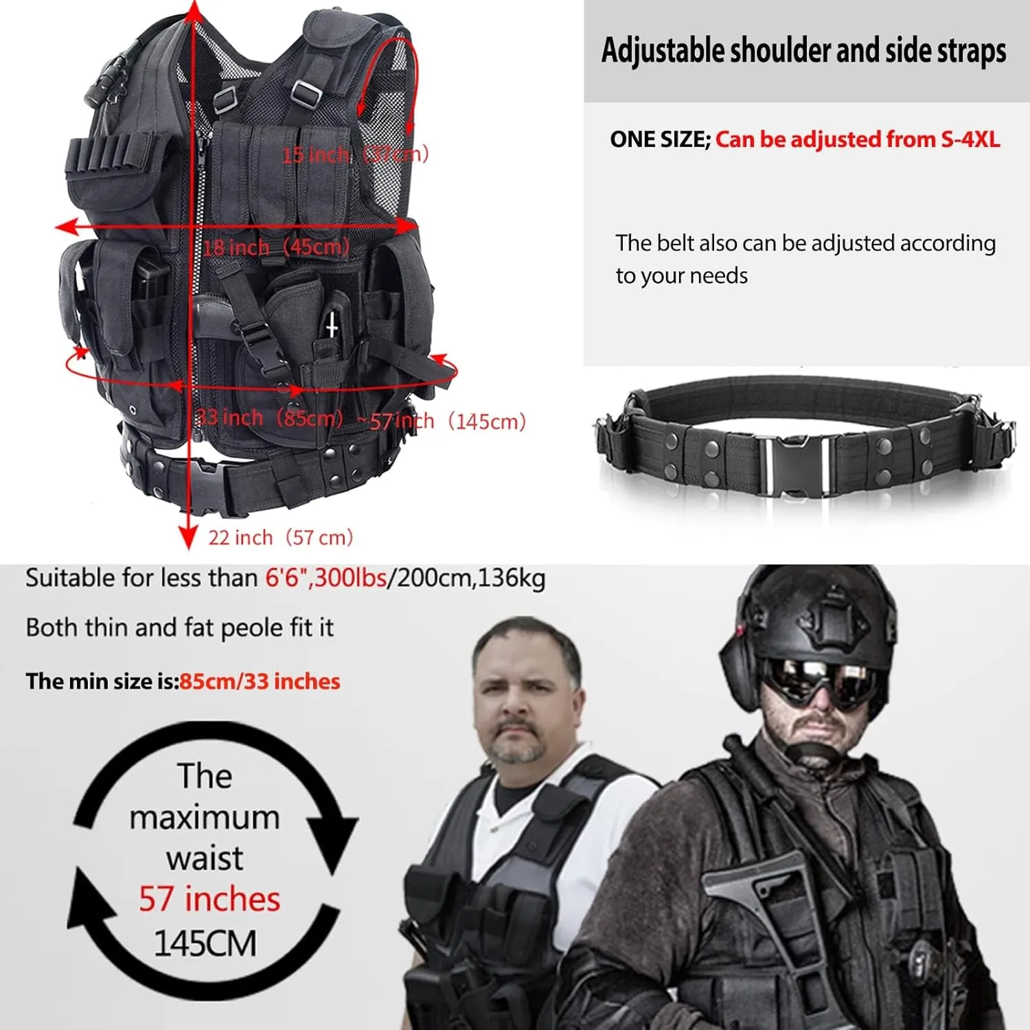 BOMTURN Tactical Vest Outdoor Ultra-Light Breathable Durable Mesh Airsoft Vest Adjustable Detachable Belt & Holster