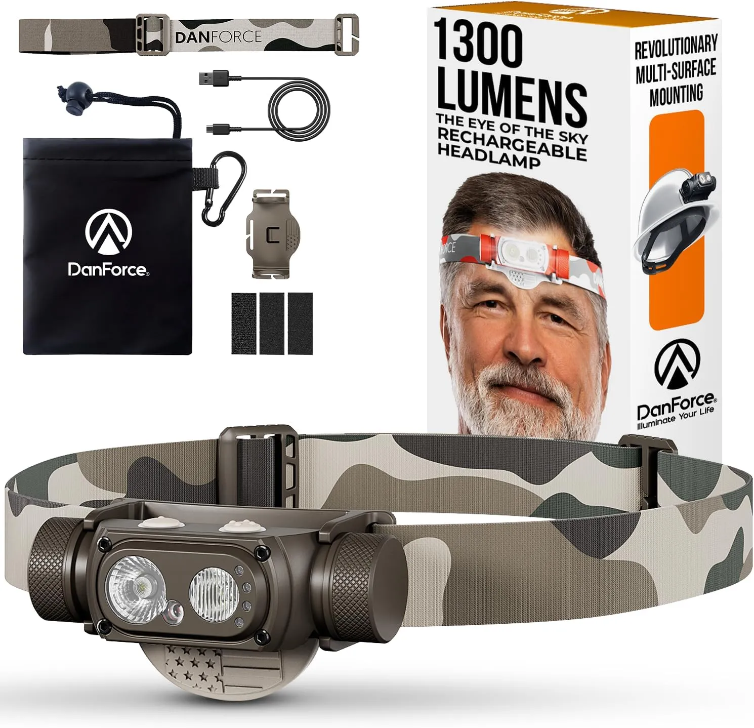 DanForce Headlamp Rechargeable, American LED Ultra Bright 1300 Lumens Head lamp, USB Type C Rechargeable Headlamp,IPX65 Head Light, Dimmable, Revolution Surfaces Headlight - The Eye of The Sky