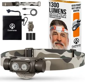 DanForce Headlamp Rechargeable, American LED Ultra Bright 1300 Lumens Head lamp, USB Type C Rechargeable Headlamp,IPX65 Head Light, Dimmable, Revolution Surfaces Headlight - The Eye of The Sky