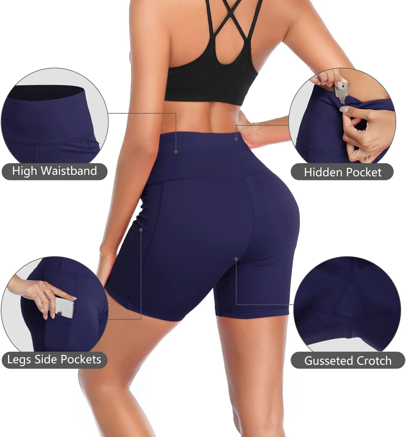 DAYOUNG Women Yoga Shorts High Waist Tummy Control Workout Biker Running Athletic Compression Short with Pockets