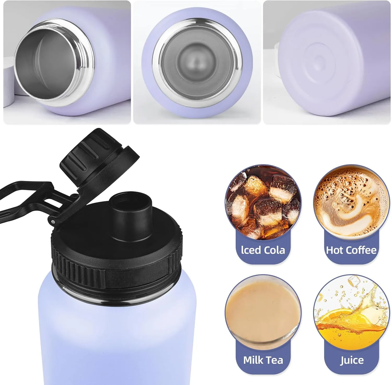 Insulated Water Bottle with Straw&2 Lids 32oz Metal Water Bottle Leakproof Travel Stainless Steel Water Bottles Reusable Double Wall Gym Sports Thermal Flask for Camping Hiking, Purple