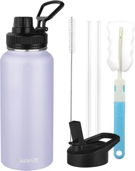 Insulated Water Bottle with Straw&2 Lids 32oz Metal Water Bottle Leakproof Travel Stainless Steel Water Bottles Reusable Double Wall Gym Sports Thermal Flask for Camping Hiking, Purple