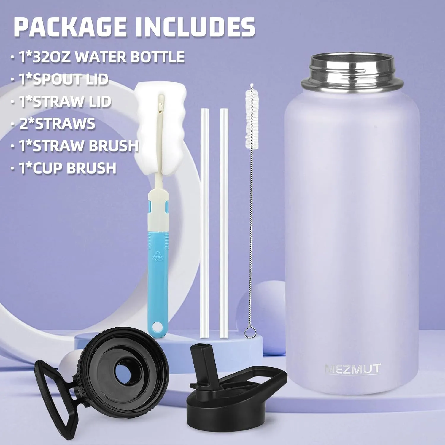 Insulated Water Bottle with Straw&2 Lids 32oz Metal Water Bottle Leakproof Travel Stainless Steel Water Bottles Reusable Double Wall Gym Sports Thermal Flask for Camping Hiking, Purple