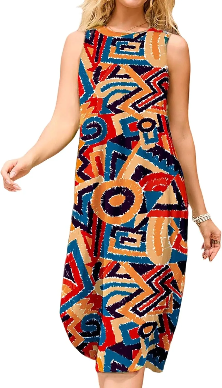 MAKABO Women's Sundress, 2025 Sleeveless Round Neck Casual Fashion Beach Tank Summer Dresses with Pockets Pleated Front Dress