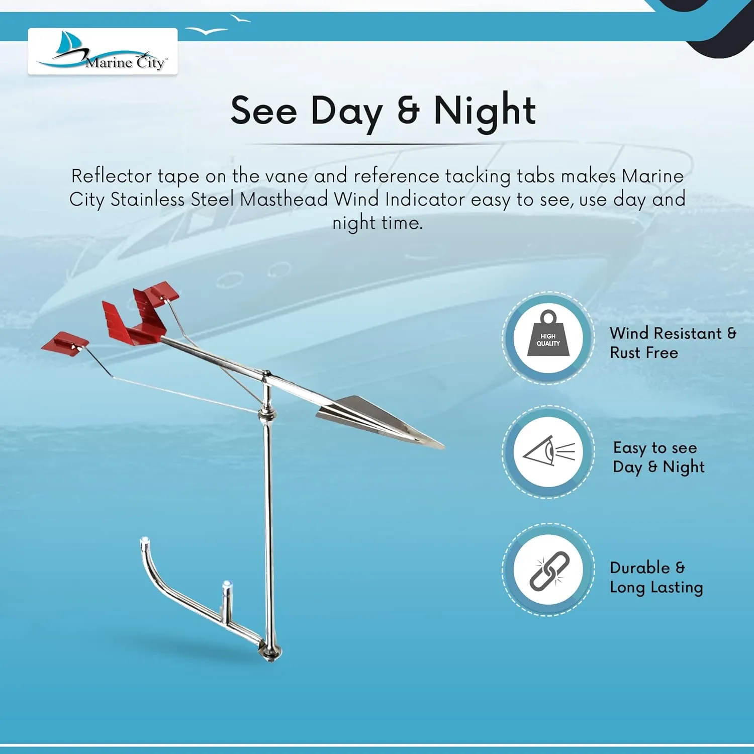 MARINE CITY Sailboat Wind Indicator  316 Stainless Steel, Corrosion Resistant, Easy Visibility, for Marines, Boats, Yachts