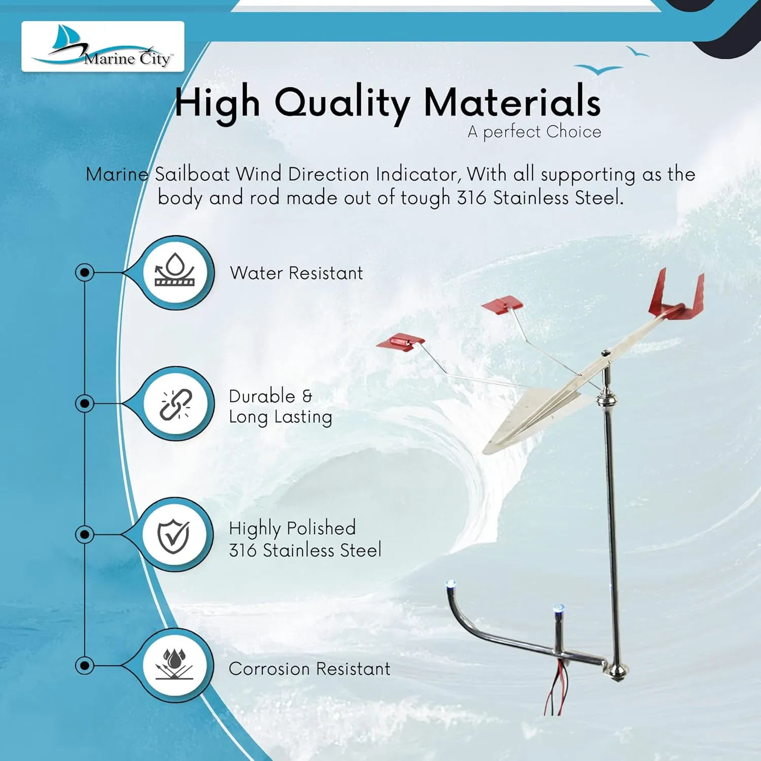 MARINE CITY Sailboat Wind Indicator  316 Stainless Steel, Corrosion Resistant, Easy Visibility, for Marines, Boats, Yachts