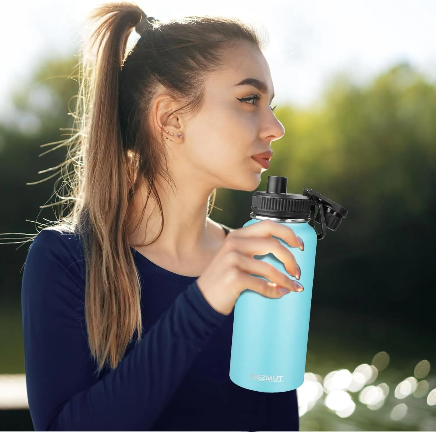MEZMUT Insulated Water Bottle with Straw&2 Lids 32oz Metal Water Bottle Leakproof Travel Stainless Steel Water Bottles Reusable Double Wall Gym Sports Thermal Flask for Camping Hiking, Blue