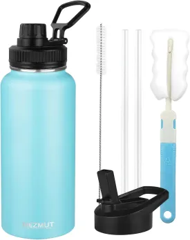 MEZMUT Insulated Water Bottle with Straw&2 Lids 32oz Metal Water Bottle Leakproof Travel Stainless Steel Water Bottles Reusable Double Wall Gym Sports Thermal Flask for Camping Hiking, Blue