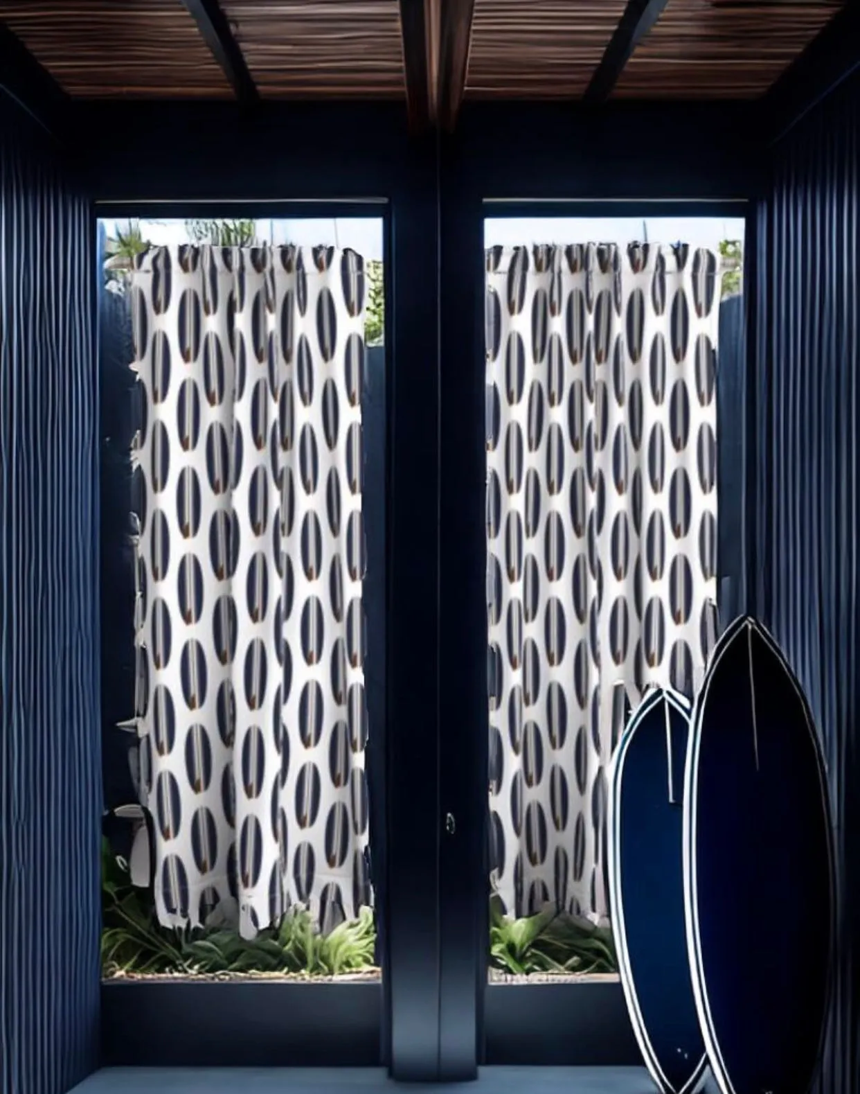 Navy Blue and Chocolate Brown Classic Surfboards Window Curtains -Large Size
