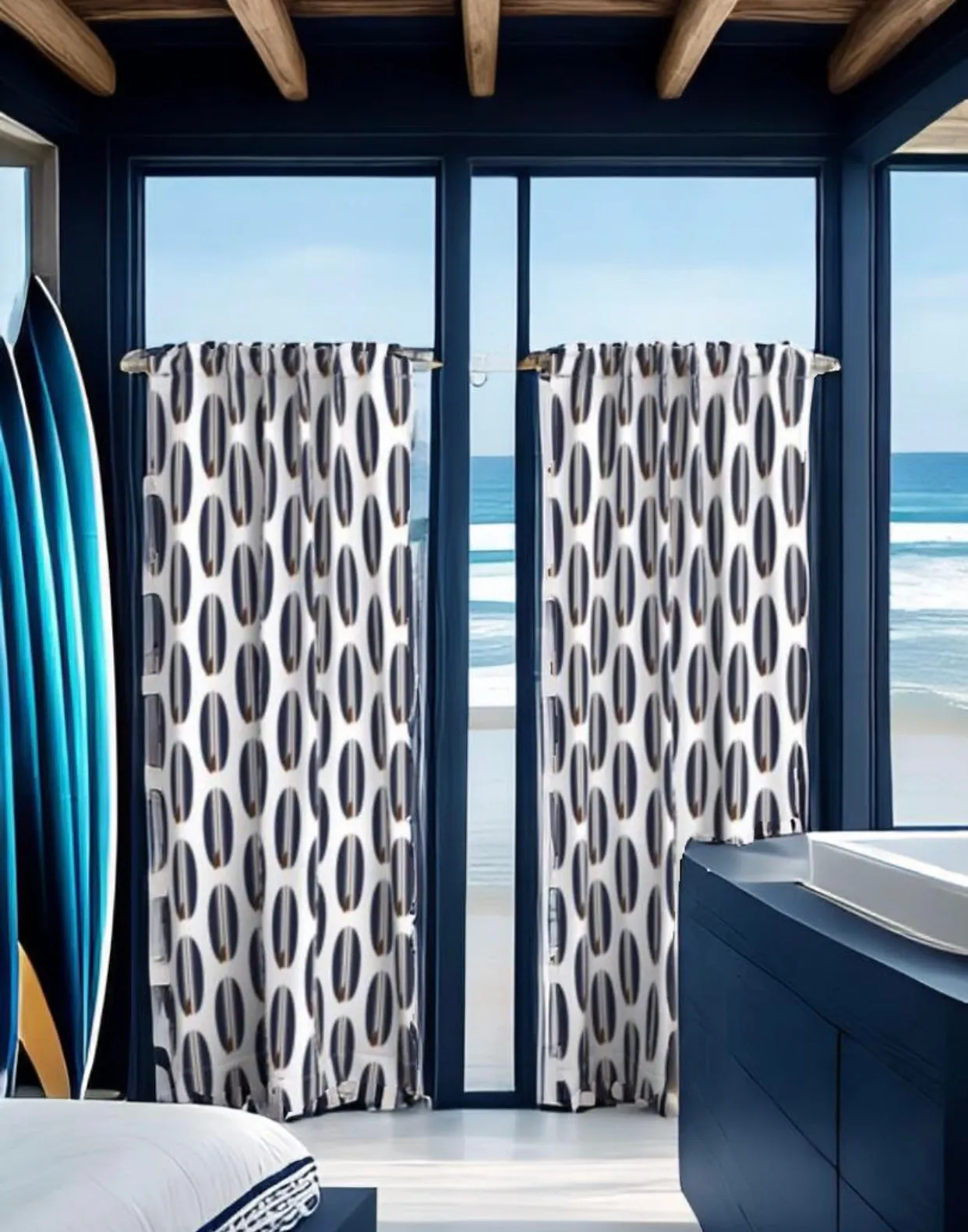 Navy Blue and Chocolate Brown Classic Surfboards Window Curtains -Large Size