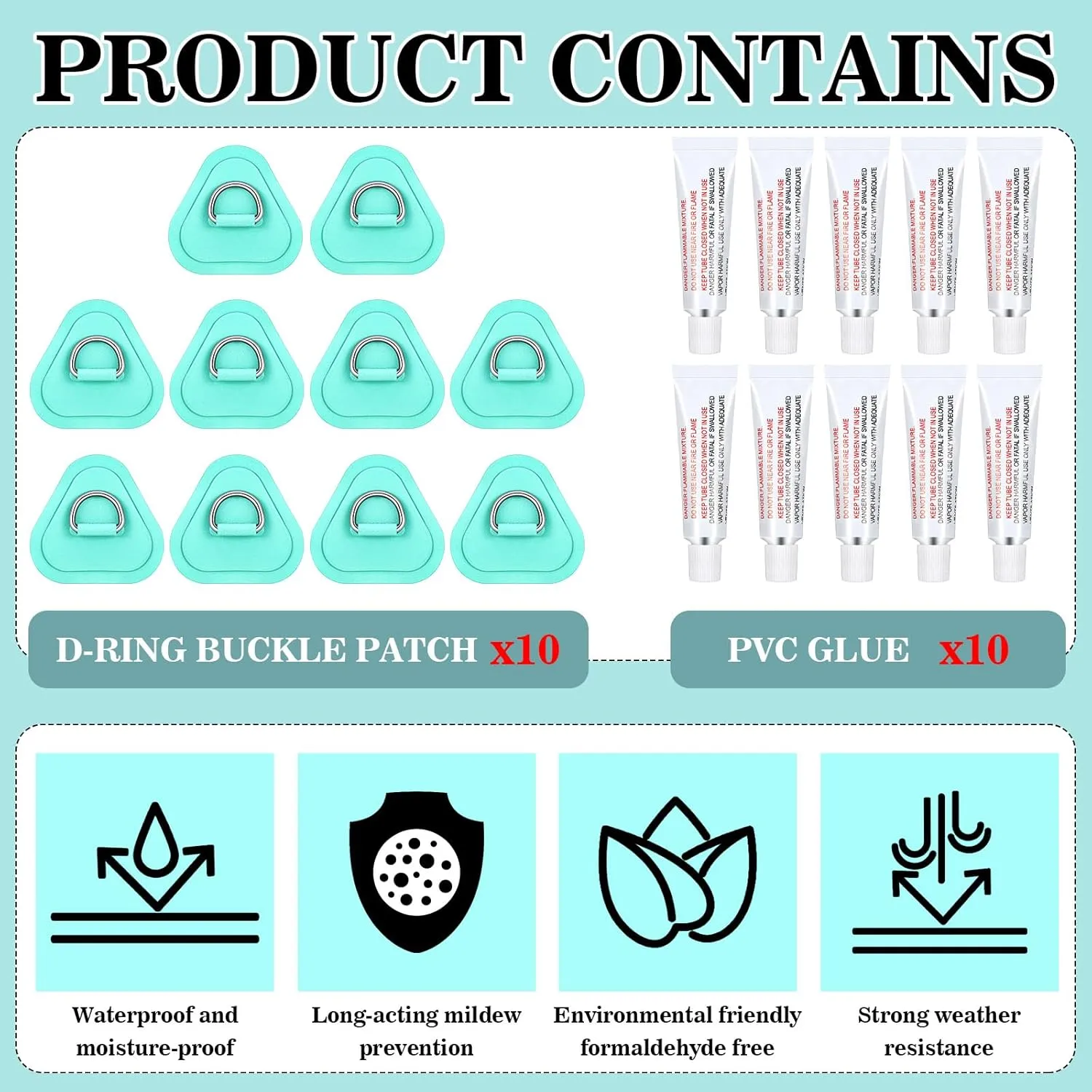 Newwiee 10 D Ring PVC Patch for Inflatable Boat With10 Liquid Waterproof Repair Patch Cement Inflatable Repair Set for Inflatable Boat Dinghy Sup Kayak Surfboard Rafting Canoe