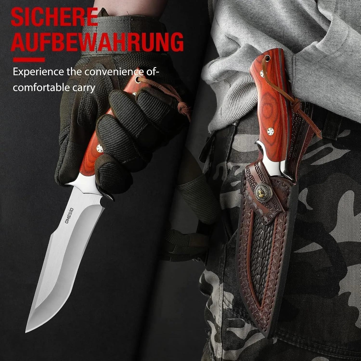 Omesio Fixed Blade Knife with Sheath, Survival Knife M390 Steel, Fulltang 601 HRC, EDC Fixed Blade Hunting Knives, Knives for Men, Wood Handle