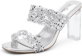 Shoe Land Brienna Women's Clear Heels Chunky Block Heeled Slides Open Toe Two Band Slip-On Mules  Dressy Heeled Sandals for Prom, Wedding, and Party