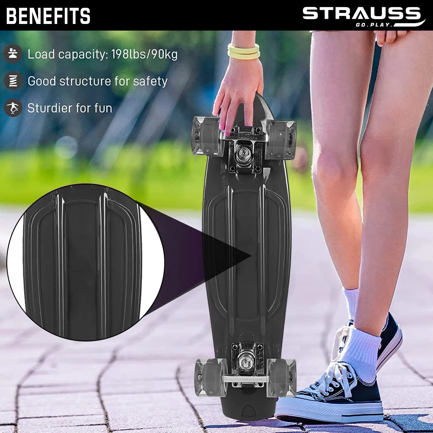 STRAUSS Cruiser Skateboard| Penny Skateboard | Casterboard | Hoverboard | Anti-Skid Board with ABEC-7 High Precision Bearings | PU Wheel with Light |Ideal for All Skill Level (31 X 8 Inch), (Green)