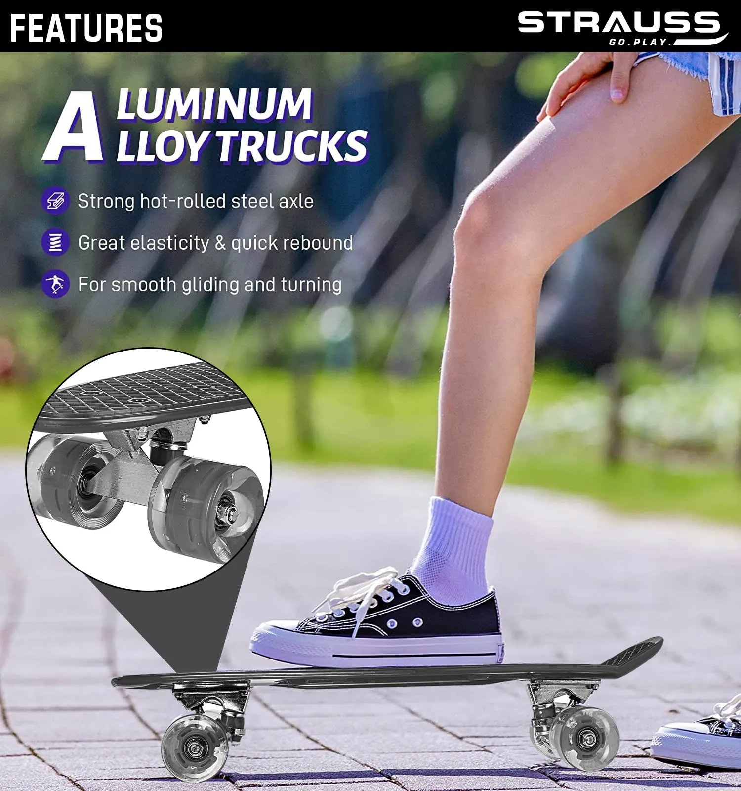 STRAUSS Cruiser Skateboard| Penny Skateboard | Casterboard | Hoverboard | Anti-Skid Board with ABEC-7 High Precision Bearings | PU Wheel with Light |Ideal for All Skill Level (31 X 8 Inch), (Green)