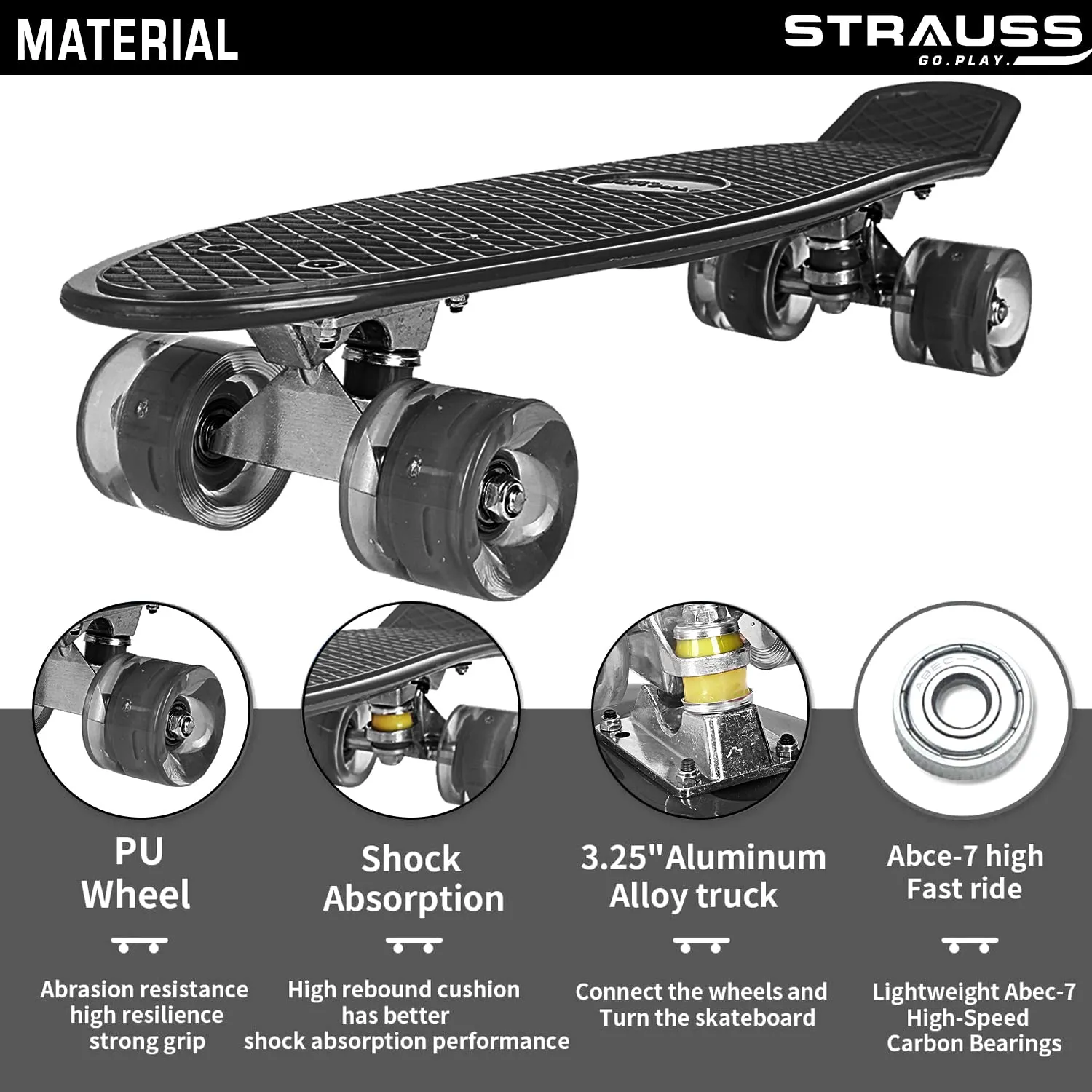 STRAUSS Cruiser Skateboard| Penny Skateboard | Casterboard | Hoverboard | Anti-Skid Board with ABEC-7 High Precision Bearings | PU Wheel with Light |Ideal for All Skill Level (31 X 8 Inch), (Green)