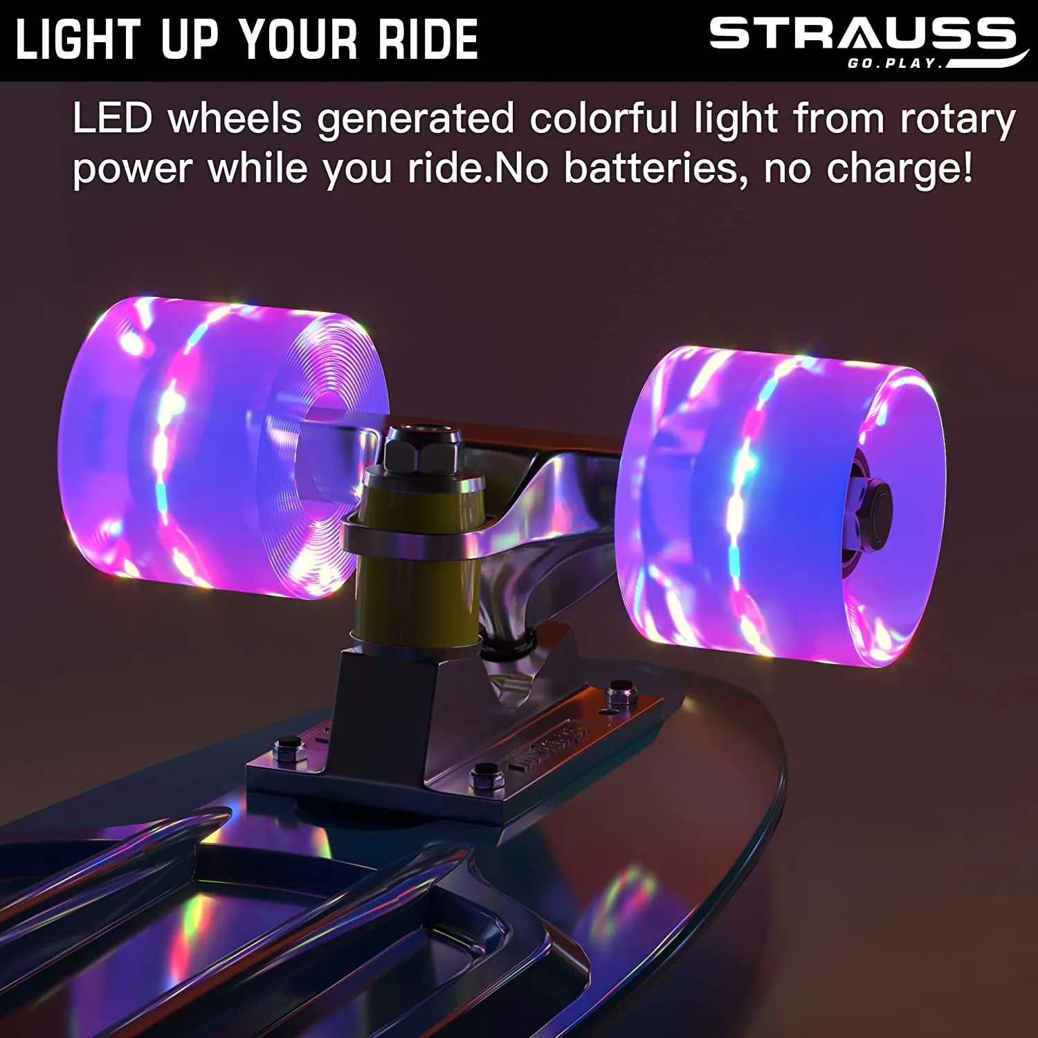 STRAUSS Cruiser Skateboard| Penny Skateboard | Casterboard | Hoverboard | Anti-Skid Board with ABEC-7 High Precision Bearings | PU Wheel with Light |Ideal for All Skill Level (31 X 8 Inch), (Green)