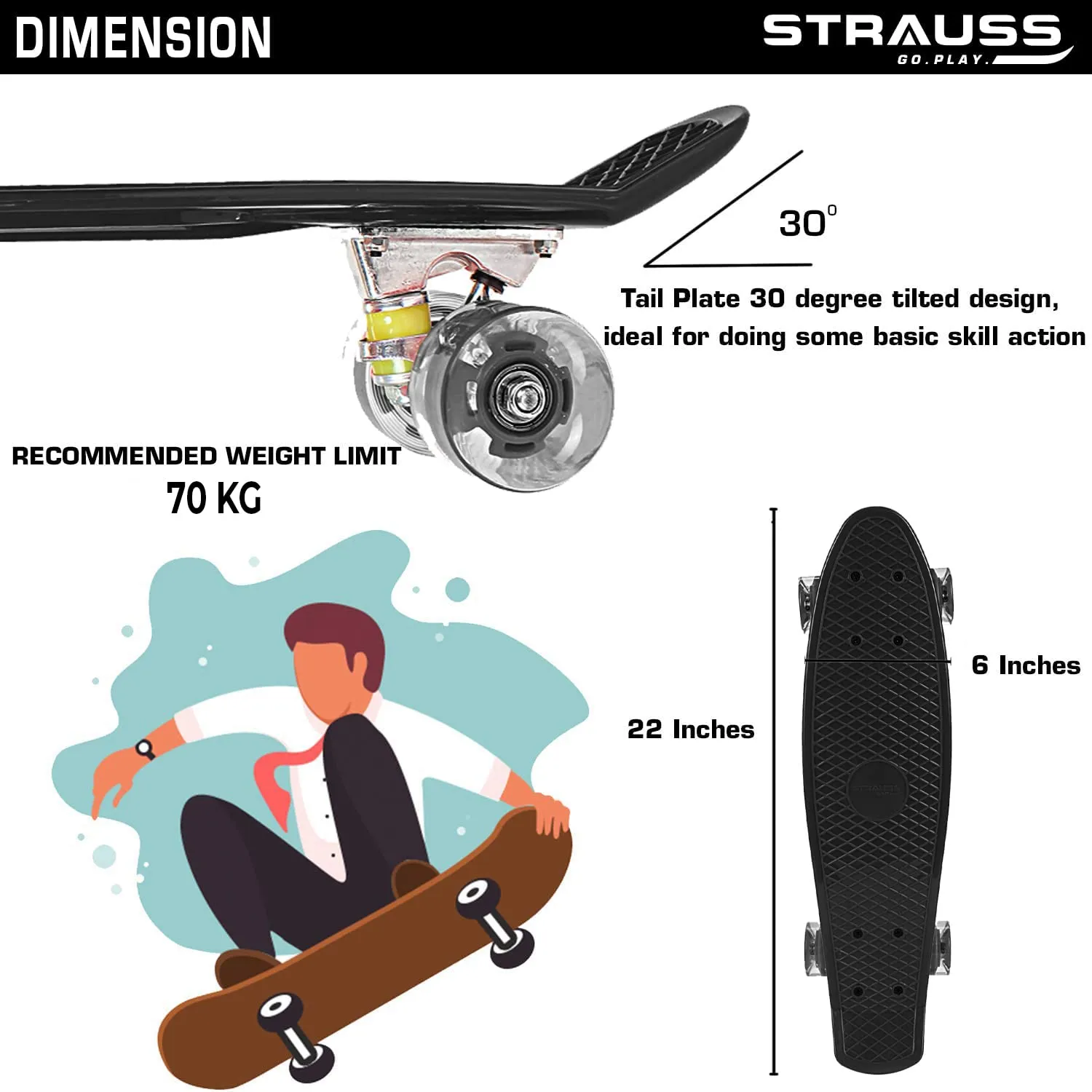 STRAUSS Cruiser Skateboard| Penny Skateboard | Casterboard | Hoverboard | Anti-Skid Board with ABEC-7 High Precision Bearings | PU Wheel with Light |Ideal for All Skill Level (31 X 8 Inch), (Green)
